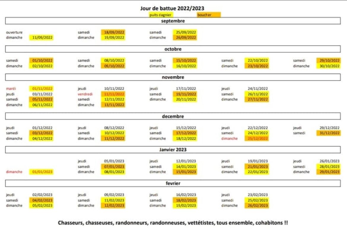 chasse - planning battue - sanglier - 2022 - 2023